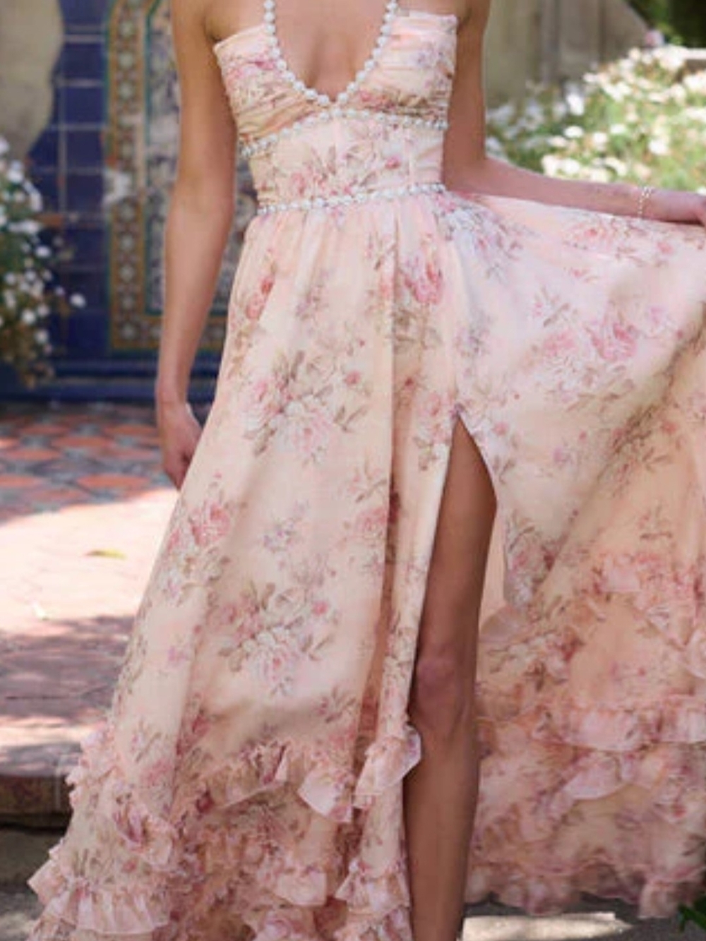 Floral Ruffle Maxi Dress with Side Slit - Blush Pink
